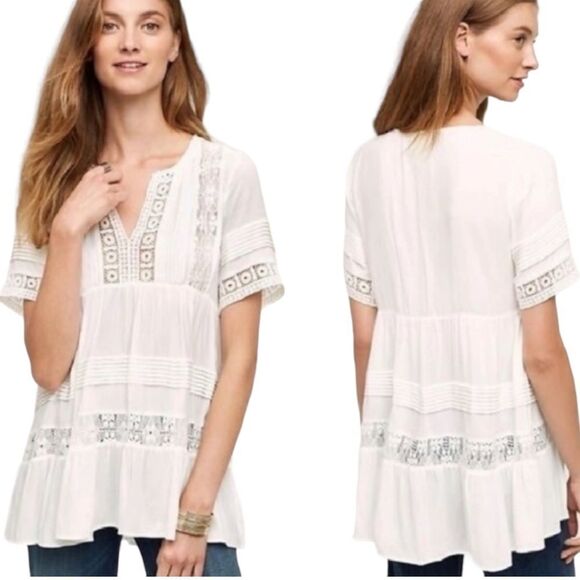 Maeve Boho Tiered Lace Crochet Tunic Top Ivory White Women’s Size Extra Small XS - Picture 8 of 9